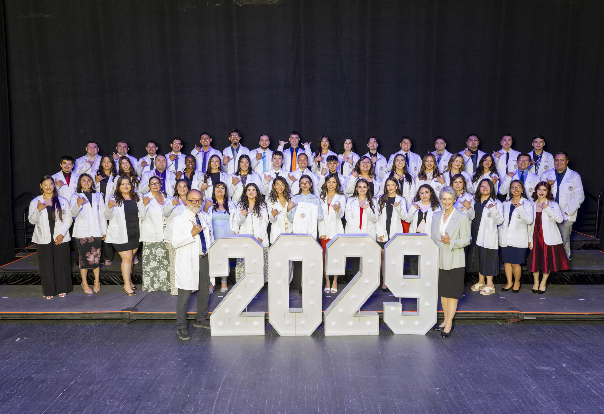 UTEP School of Pharmacy Founding Dean José O. Rivera, Pharm.D., and UTEP President Heather Wilson, Ph.D., welcome 49 students into the Doctor of Pharmacy Class of 2029 during the 2025 White Coat Ceremony on Aug. 23 at Magoffin Auditorium. Photo credit: Ivan Pierre Aguire